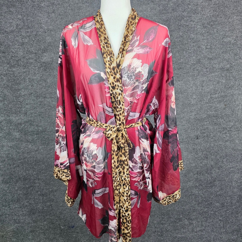 Cacique XL Floral Leopard Kimono Robe Red Sheer Long Sleeve Belted 14/16 Floral